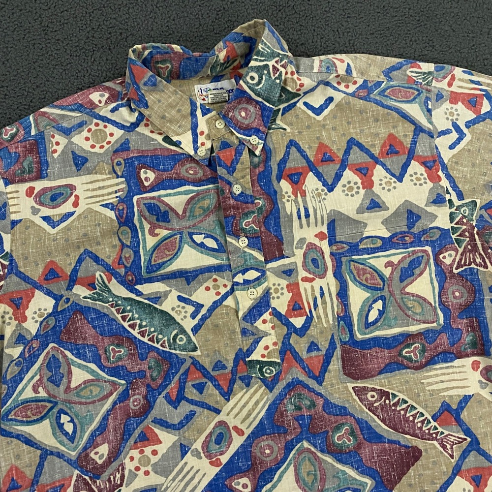 Reyn Spooner Shirt Mens 2XL Hawaiian Aloha Popover Pullover Retro Fish Geometric